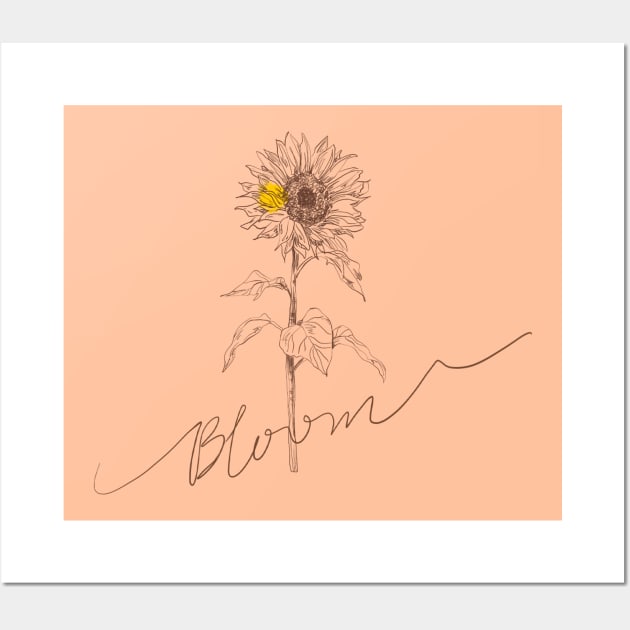 Line art sunflower with hand lettering "Bloom" Wall Art by thecolddots
